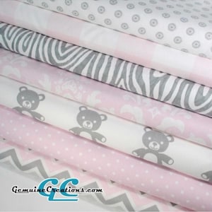 Cotton Twill Fabric by Premier Prints By the Yard or Fat Quarter in Light Pink White Grey Chevron Polka Dot Damask