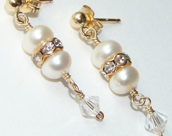 Gold White Pearl Earrings - Freshwater Pearl and Rhinestone Earrings - White Pearl Crystal Drop Earrings