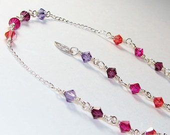 Sunset Crystal Anklet, Crystal Chain Bracelet, Sterling Silver Chain Ankle Bracelet, Coral Pink Beaded Bracelet