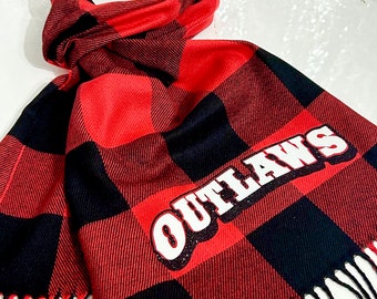 Outlaws Hockey Earrings, Ice Hockey Scarf, Soft Red and Black Buffalo Plaid Scarf, Texas Outlaws Gifts, Hockey Jewelry