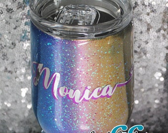 Personalized Wine Tumbler Electric Metallic Rainbow with Glitter Name Stainless Steel Wine Cup