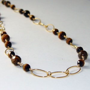 Gold Tiger Eye Necklace Long 14K Gold-filled Chain Beaded Y Necklace Brown Stone Gold Jewelry