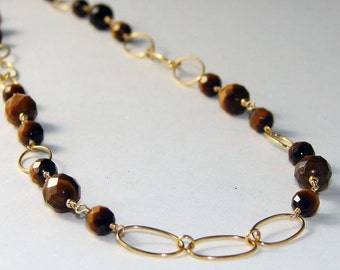 Gold Tiger Eye Necklace Long 14K Gold-filled Chain Beaded Y Necklace Brown Stone Gold Jewelry