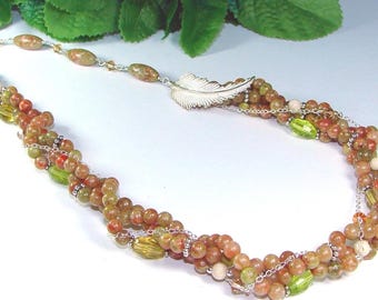 Autumn Jasper Necklace: Sterling Silver Leaf, Multi-Strand Gemstone