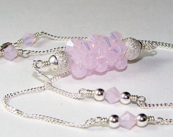 Feminine Pink Opal Necklace, Sterling Silver Chain, Swarovski Crystals, Adjustable