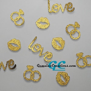Wedding Table Confetti - 100 Gold or Silver Diamond Rings, LOVE, Kisses - Engagement Party Decor, Reception Decoration