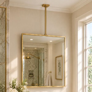Ceiling Suspended Square Brass Mirror with Flat Frame, Hanging Vanity Mirror with Canopy, Rectangle  Antique Brass Mounted Bathroom Mirror