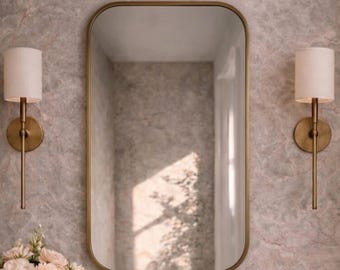 Rektangulär mässingsspegel med rundade hörn, badrumsspegel, handgjord väggspegel, antik mässingsspegel med ram, dekorativ spegel