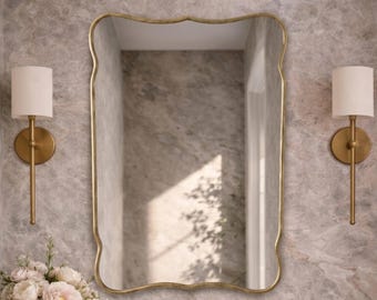 Espejo asimétrico ondulado de latón, espejo de pared festoneado, espejo rectangular curvo irregular para dormitorio y baño.