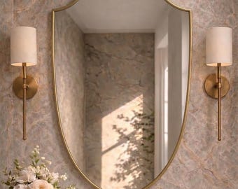 Scalloped Arch Brass Mirror, Handmade Moroccan Style Wall Mirror, Organic Curved Vanity Mirror, Vintage Brass Bathroom Mirror