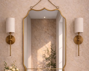 Vintage Scalloped Shiled Brass Wall Mirror with Shelf - Storage Wall Mirror - Antique Vanity Arch  Mirror with Hanging Chain -Bathroom Decor