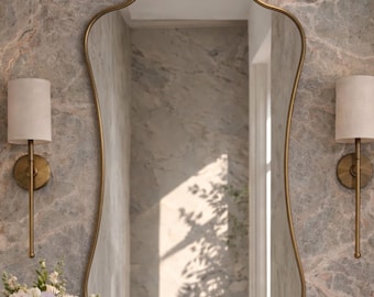 Organic Scalloped Brass Mirror, Curvy Moroccan Wall Mirror, Handmade Antique Vanity Mirror, Curved Bathroom Mirror,Vintage Decorative Mirror