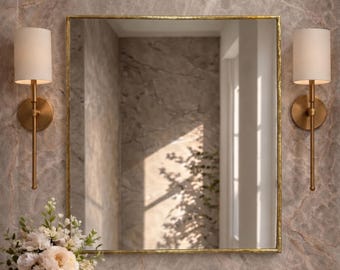 Square Brass Mirror for Bathroom Vanity Decor, Handmade Wall Mirror, antique brass Frame