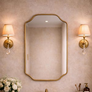 Scalloped Brass Wall Mirror – Rectangle Curved Mirror, Antique Brass Mirror – Handcrafted Wall Decor – Bathroom & Entryway Mirror