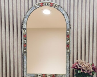 Handmade Arched Bone Inlay Mirror – Moroccan Brass Arch Mirror, Boho Wall Decor, Bone Inlay Vanity Mirror, Exotic Home Accent
