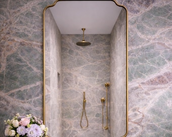 Handmade Scalloped Brass Mirror, Curved Rectangle Brass Frame Mirror, Vintage Style Bathroom Vanity Mirror, Art Deco Brass Wall Mirror