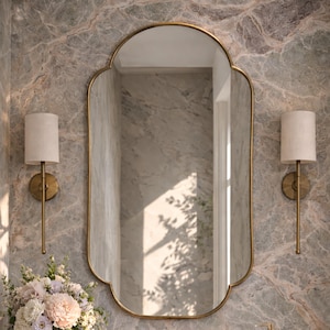 Espejo de baño de latón festoneado, espejo de tocador de pared de latón antiguo, espejo rectangular curvo, espejo de pared de latón de inspiración vintage para decoración del hogar.