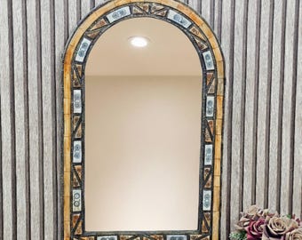 Vintage Arch Handcrafted Bone Mirror, Moroccan Wall Hanging, Engraved Arched Bone Frame Mirror, Boho Chic Home Decor, Mid Century Style