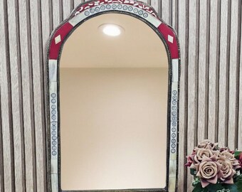 Handmade Moroccan Arch Mirror, Brass Bone Inlay Boho Chic Wall Decor