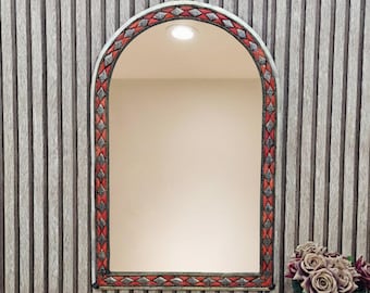 Moroccan arch Bone Mirror, Orange Arched Berber Mirror, vintage Handcrafted wall Mirror