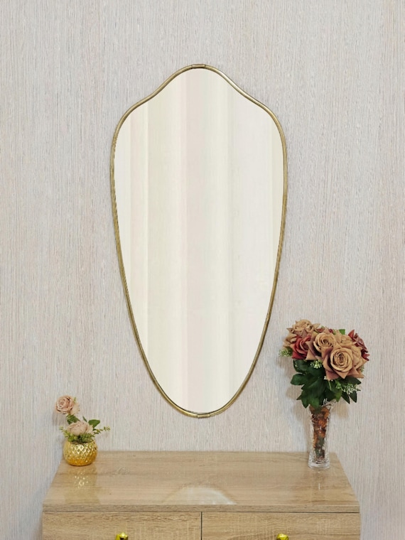 Antique Brass Mirror Irregular Vintage Wall Mirror Wavy Handmade Decor Italian Shield Shape Elegant Home Decor