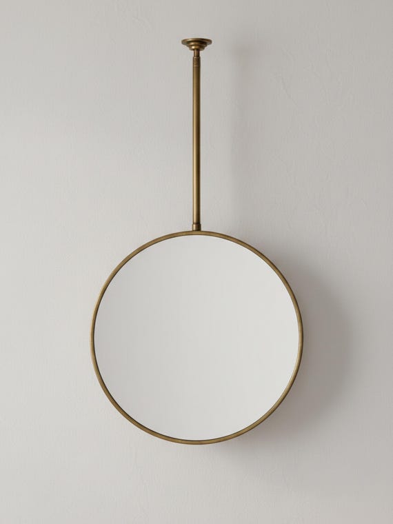 Orbis Ceiling Hanging Mirror - Suspended Round Antique Brass Mirror - Ceiling Mounted Vanity Mirror - Mid Century Modern Circular Decor