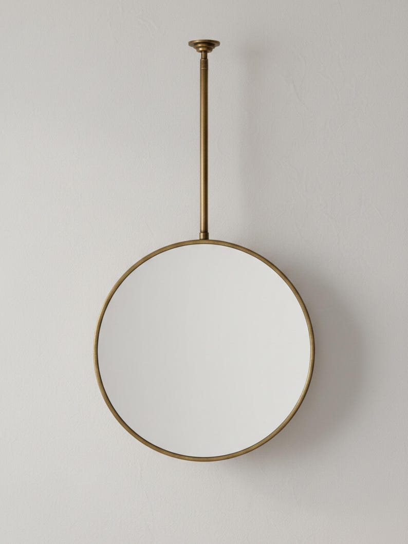 Orbis Ceiling Hanging Mirror - Suspended Round Antique Brass Mirror - Ceiling Mounted Vanity Mirror - Mid Century Modern Circular Decor