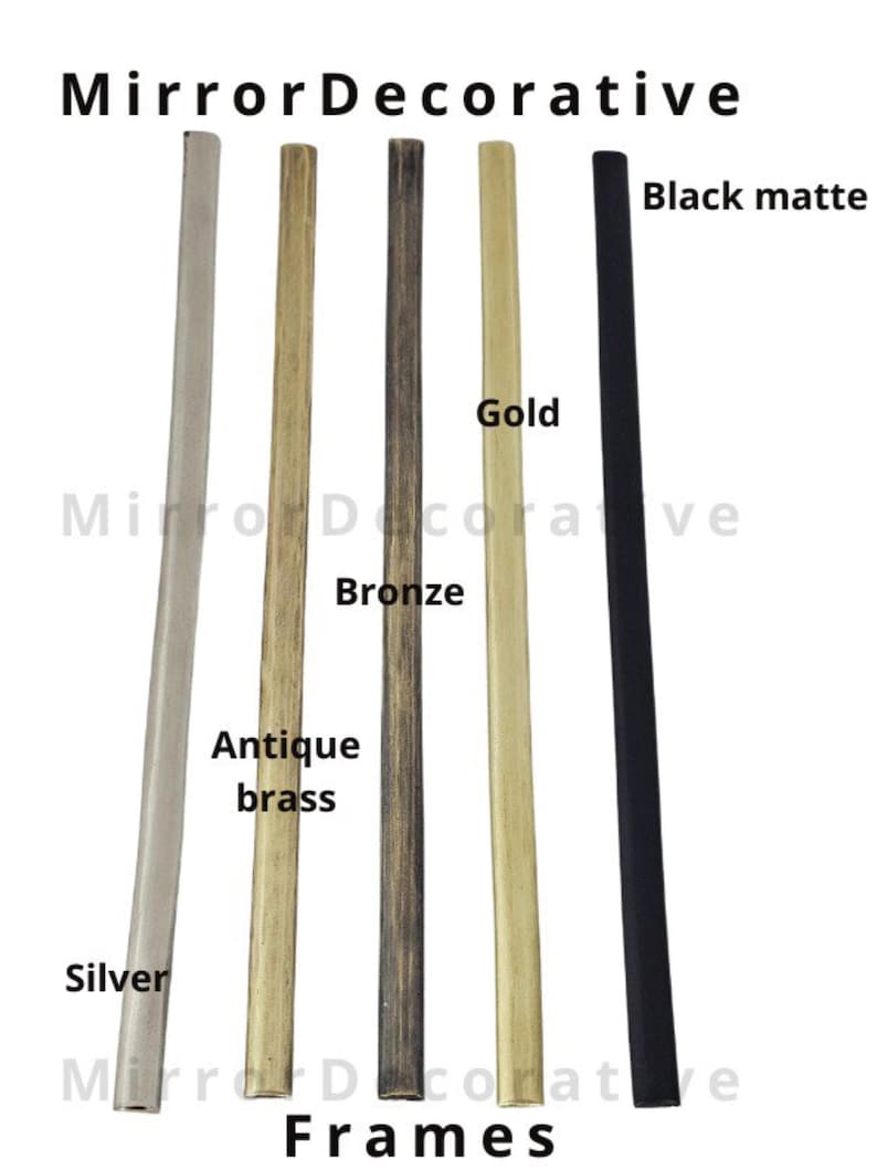 K&ouml;nnte beinhalten: Verschiedene dekorative Spiegelrahmen in Silber, Antik-Messing, Bronze, Gold und Mattschwarz. Das Wort "Frames" steht unten im Bild, und "Mirror Decorative" steht oben. Die Rahmen sind vor wei&szlig;em Hintergrund.