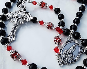 Handmade Black Onyx Rosary, Our Lady of Fatima Rosary, Red Czech Crystal Rosary, Italian Crucifix, Confirmation Gift, Religious Mothers Gift