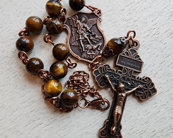 Handmade Tiger Eye Car Rosary, Copper St Michael Center Crucifix, Catholic Gift, Auto Rosary, Pocket Rosary, Small Rosary, Rear View Hanger