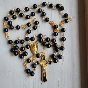 Handmade Black Onyx Rosary, Black and Gold Crucifix, Gift for Him/Her, Confirmation, Communion, Baptism, Catholic Prayer Beads, Holy Rosary