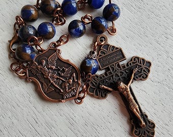 Handmade Blue Chalcedony Car Rosary, Pardon Crucifix, St Michael, Catholic Gift, Auto Rosary, Pocket Rosary, Small Rosary, Rear View Hanger
