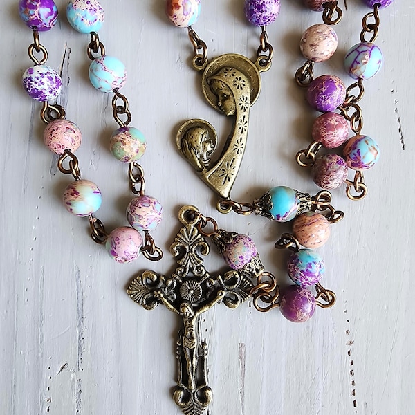 Imperial Jasper Rosary, Unique Mary Center, Mixed Purple Catholic Prayer Beads, Religious Gift, Confirmation Gift, Baptism Gift, Holy Rosary
