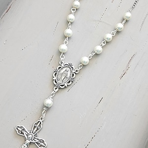 Handmade Ivory Pearl Car Rosary/Ornate Silver Crucifix/Miraculous Medal/Catholic Gift/Auto Rosary/Pocket Rosary/Small Rosary/Rearview Rosary