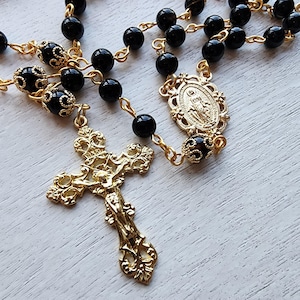 Handmade Black Onyx Rosary with Gold Ornate Finish Crucifix, Gift for Confirmation, Communion, Baptism, Catholic Prayer Beads, Holy Rosary