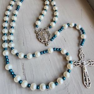 Handmade Strung Ivory Pearl Rosary Silver Ornate Crucifix and Marian Center, Gift for Her, Confirmation, Communion, Baptism, Catholic Gift