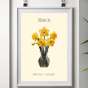 March Birth Flower Poster | Daffodil Art | Jonquil Illustration | March Flower Print | Birth Month Decor | Flower Poster Gift | Botanical