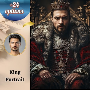 Personalized King Portrait from Picture, Renaissance Portrait with Lion, Birthday Gift, Ai Design, Custom King Design, Historical Portrait
