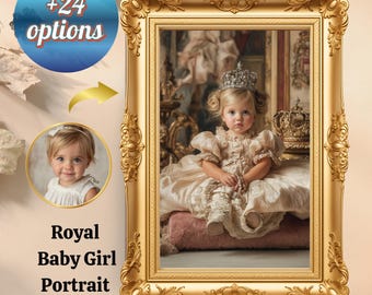 May include: A framed portrait of a baby girl in a regal setting. The gold frame surrounds the image of a child wearing a crown and a formal dress. The text "Royal Baby Girl Portrait" is displayed below a smaller portrait.