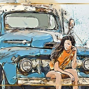 Vintage Truck Girl Art Print, Rustic Retro Wall Decor,  Country Pickup Truck Digital Download,