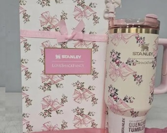 Stanley Quencher 40oz Tumbler – LoveShackFancy Floral Pink Bow Design, Insulated Travel Mug