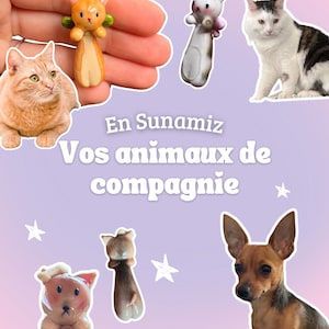 May include: The image features a variety of pet-themed items. There are two cat figurines, a dog figurine, and a real cat and dog. The text "En Sunamiz Vos animaux de compagnie" is also visible. The background is a gradient of purple and pink.