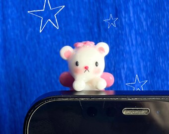 Figurine de téléphone en pâte polymère « Teddy fairy et sa fleur » /  Sun’amiz mignon fait main en pâte polymère.