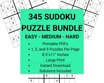 Może przedstawiać: Zielono-biała grafika z tekstem "345 Sudoku Puzzle Bundle Easy - Medium - Hard" i opisem funkcji: Pliki PDF do wydruku, 1, 2 i 9 łamigłówek na stronie, 8,5"x11" cali, duży druk, natychmiastowe pobranie, rozwiązania w zestawie. Grafika jest nałożona na dwa Sudoku, jedno oznaczone jako "Puzzle #1 (Easy)", a drugie jako "Puzzle #5 (Medium)".