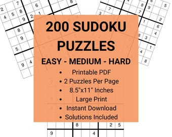 May include: A bright orange banner with the text "200 SUDOKU PUZZLES EASY - MEDIUM - HARD" and a list of features: Printable PDF, 2 Puzzles Per Page, 8.5"x11" Inches, Large Print, Instant Download, Solutions Included. Two Sudoku puzzles are partially visible on either side of the banner. The puzzle on the left is labeled "Puzzle # 1 (Easy)" and the puzzle on the right is labeled "Puzzle # 5 (Medium)".