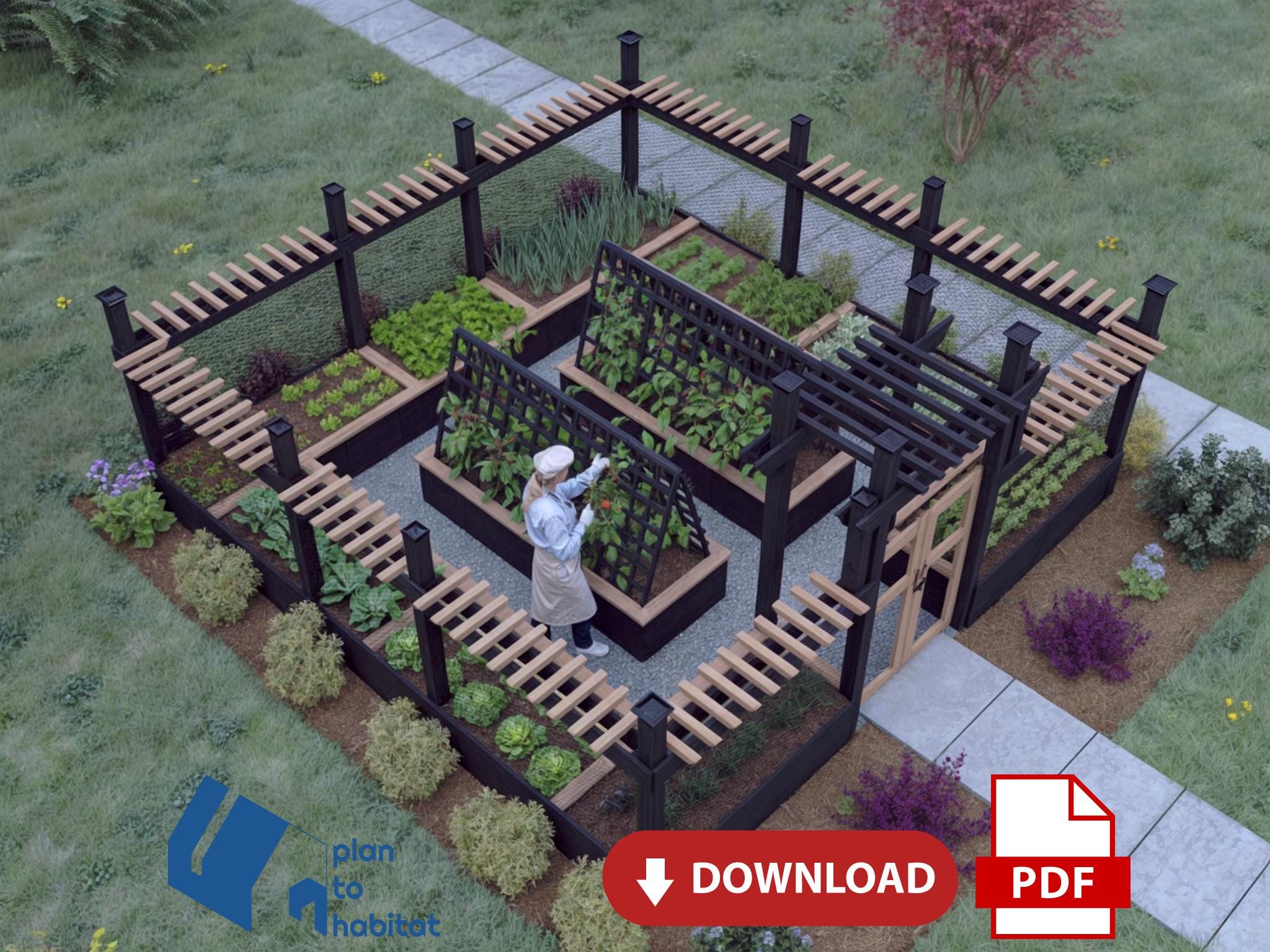 16x16 Erhöhte Gartenbeet-Pläne | DIY beiliegender eingezäunter Garten Blueprint - Geschützter Garten mit Pflanzkasten-Design