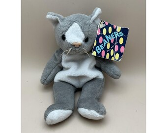 Peluche vintage de gato "Nappy" de Mary Meyer Beaners, 1997, gris y blanco, de 8 pulgadas, con etiqueta.