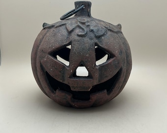 Vintage Cast Iron 5" Jack O'Lantern Pumpkin Candle Holder Halloween Heavy 5lbs