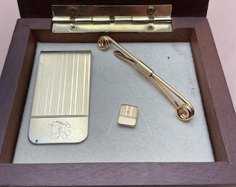 Vintage 1980er Jahre Herren Gold Ton formelle Krawatte Tack, Krawattenklammer, Geldklammer Set