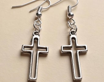 Cross Earrings, Drop Dangle Gothic Silver Plate Earrings, Christian, New Age, Handmade